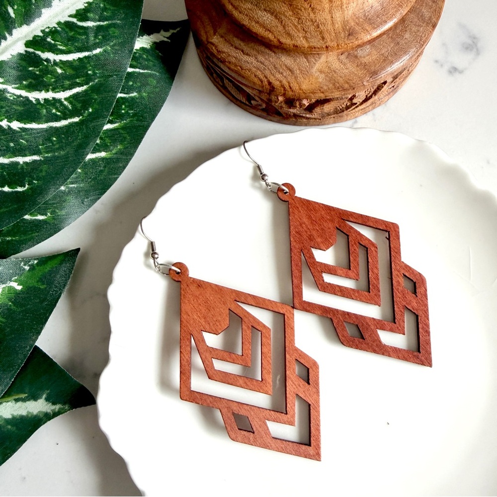 3/$22🩶 Wood Geo Laser Cut Earrings PREOWNED Bohemian Boho Jewelry